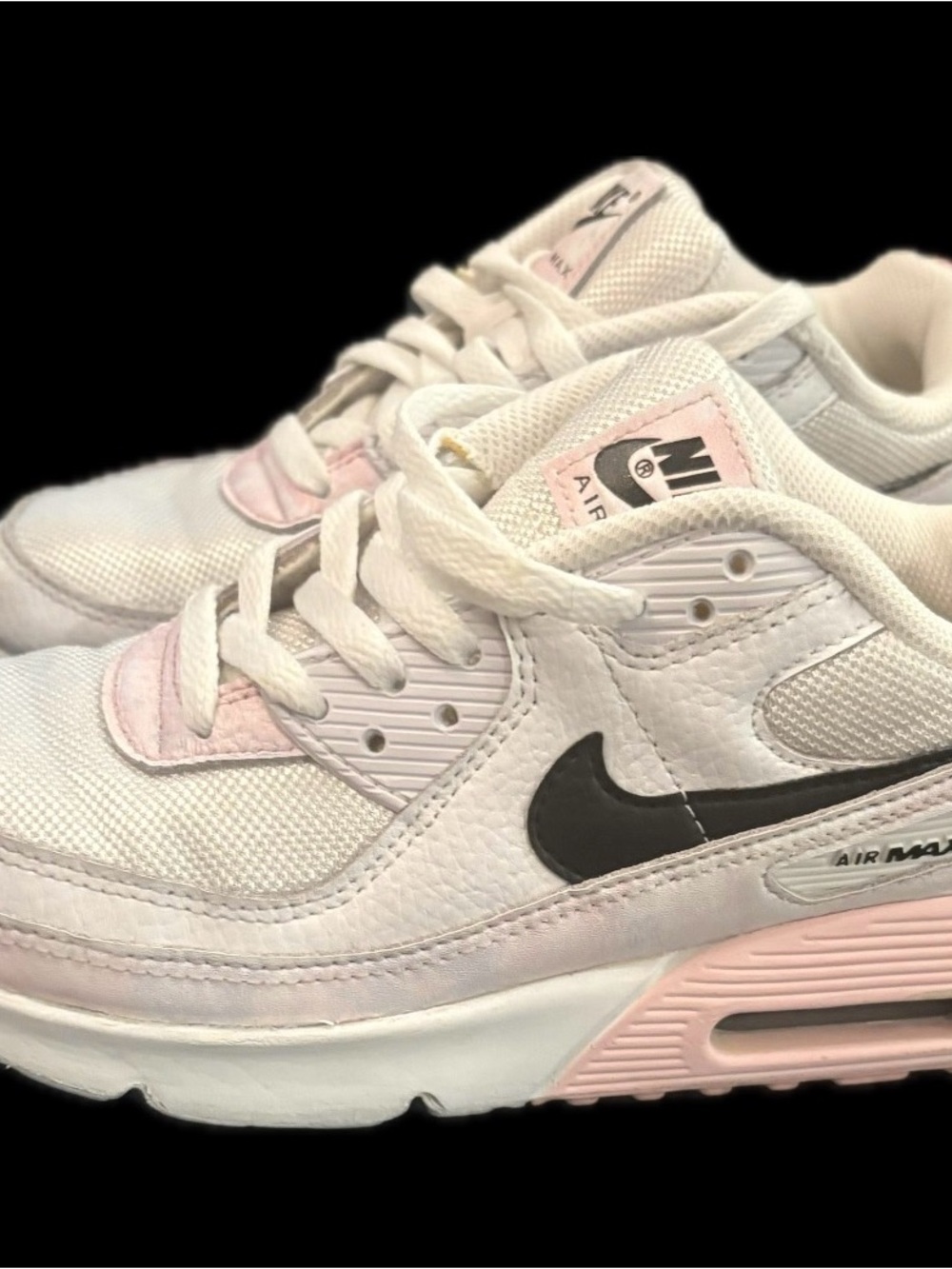 Nike White Sneakers with Light Pink Accents and Black Swoosh